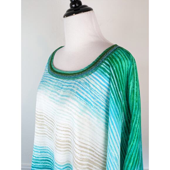 Chico's Poncho Top Beaded Green Ombre Striped Boho Vacation Summer Size S/M - Picture 6 of 15